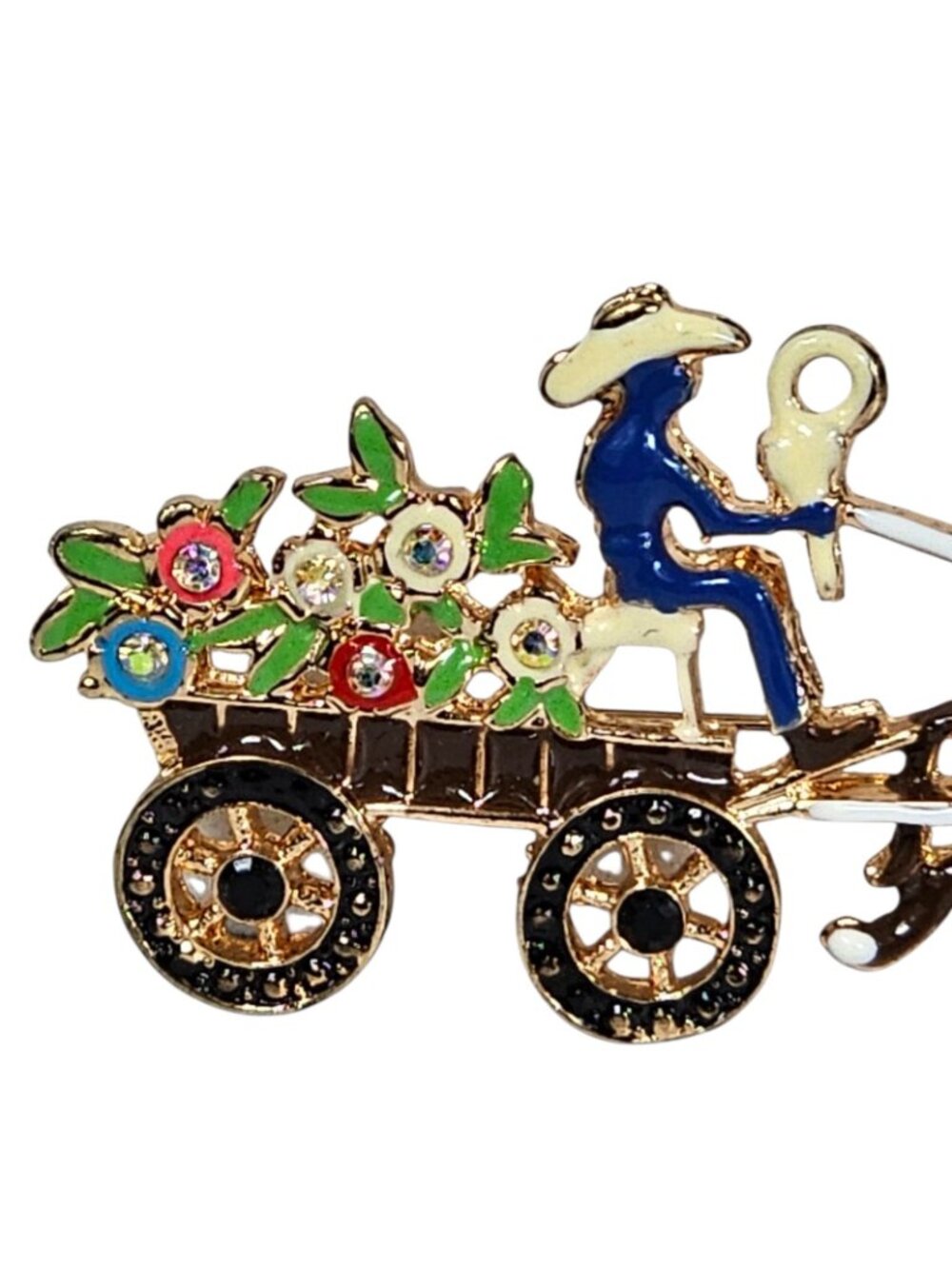 Enamel Donkey Cart Brooch Pin Cowboy with Flowers, Colorful VTG - Picture 3 of 5